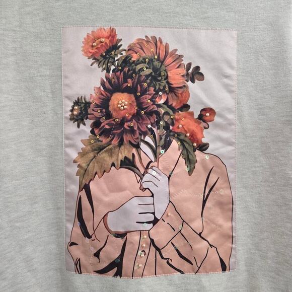 Women’s Sweatshirt M Beige Crewneck Floral Graphic Cozy Casual Streetwear Artsy - Picture 2 of 7